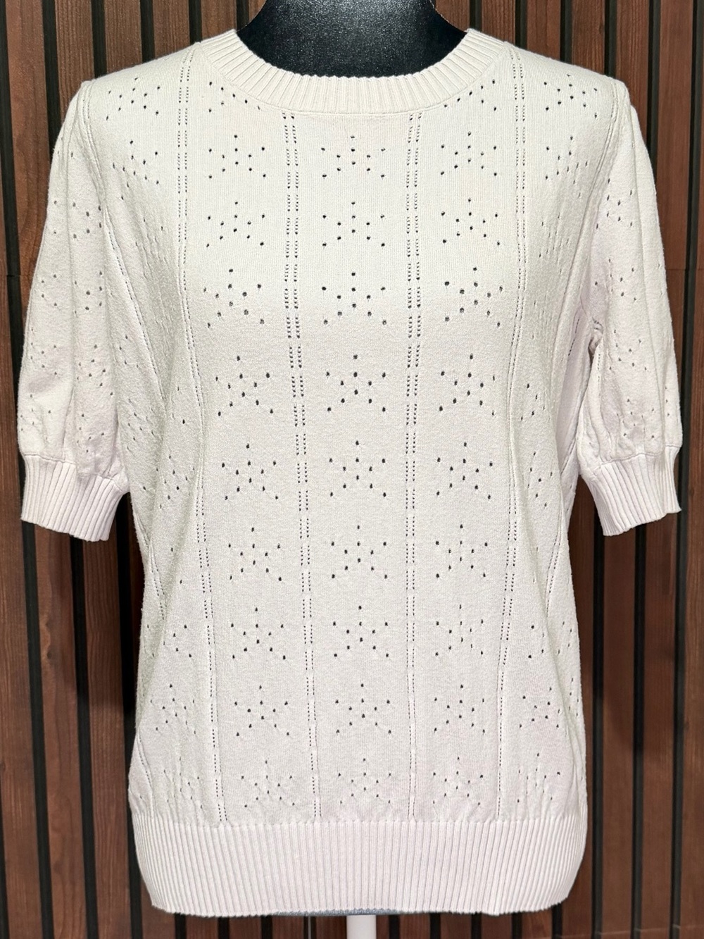 Grace Karin White Eyelet Knit Puff Sleeve Sweater Top